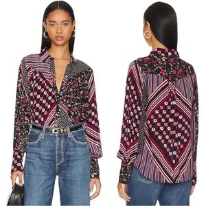 Free People Hazel Buttondown Top Black Floral Stripe Mixed Print Boho 01…